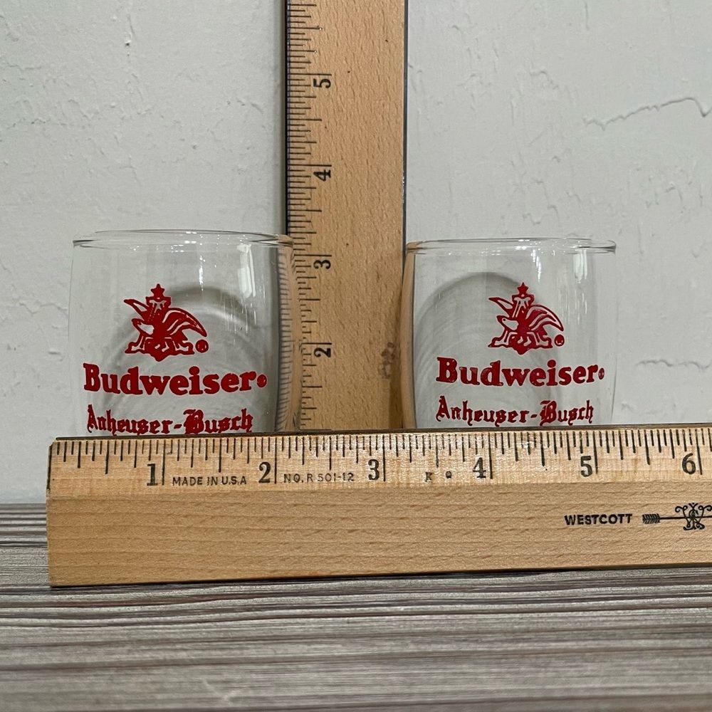 Vintage 60s Budweiser Anheuser Busch Tester Sampler Glasses Barrel Shaped 2 Set - Picture 8 of 9